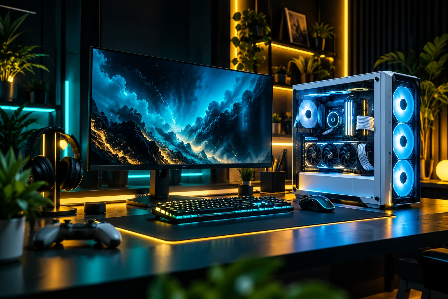 Setup gaming SO INFO avec PC gamer lumineux et écran panoramique