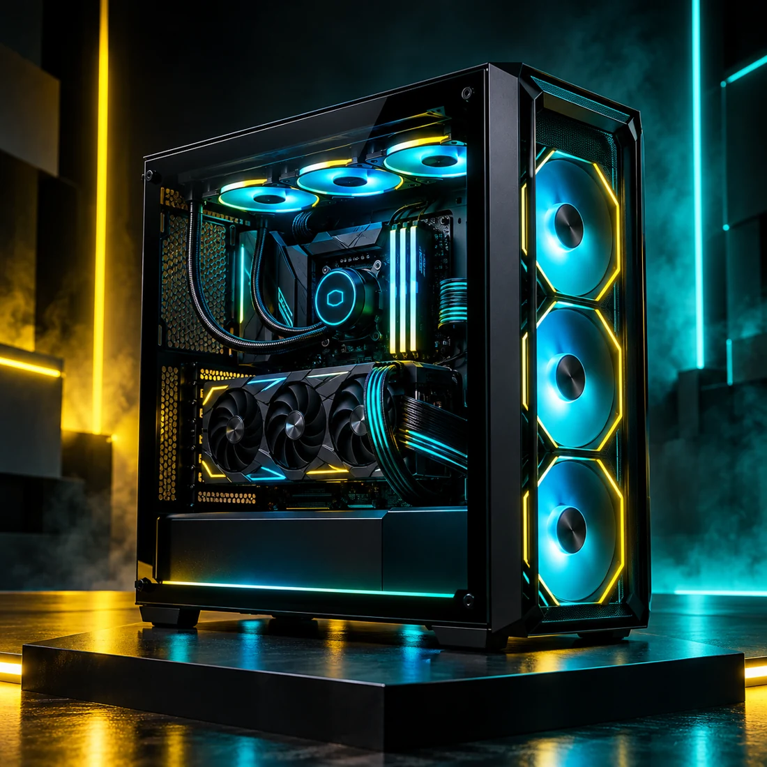 PC Gamer premium noir avec éclairage turquoise et jaune